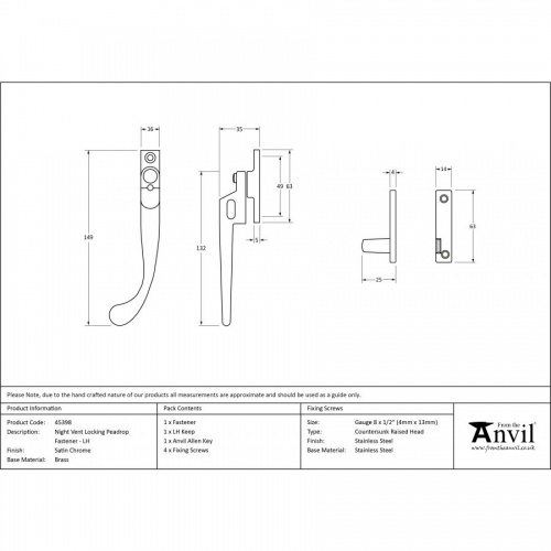 Satin Chrome Night-Vent Locking Peardrop Fastener - LH